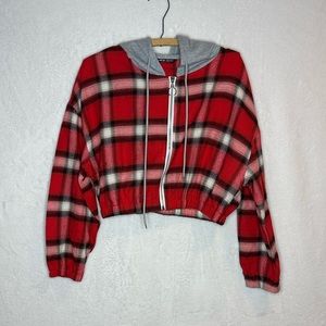 Plaid Cropped Zip-Up Hoodie